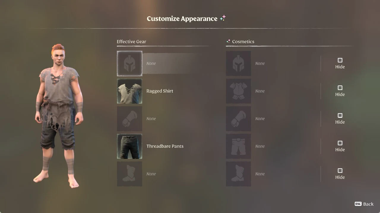 Customize Appearance screen with Ragged Shirt and Threadbare Pants listed under Effective Gear