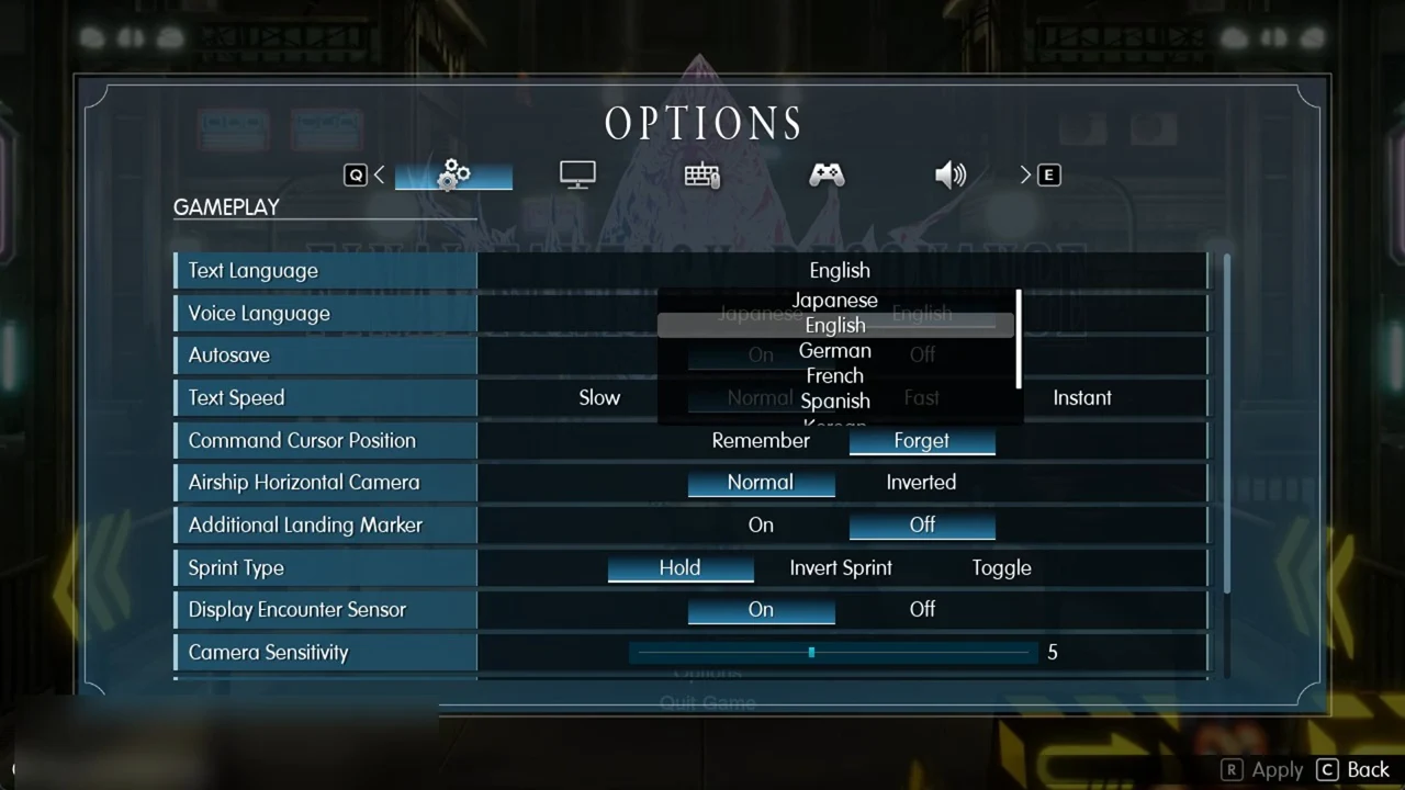 Gameplay tab in Options with the Text Language dropdown open and English highlighted
