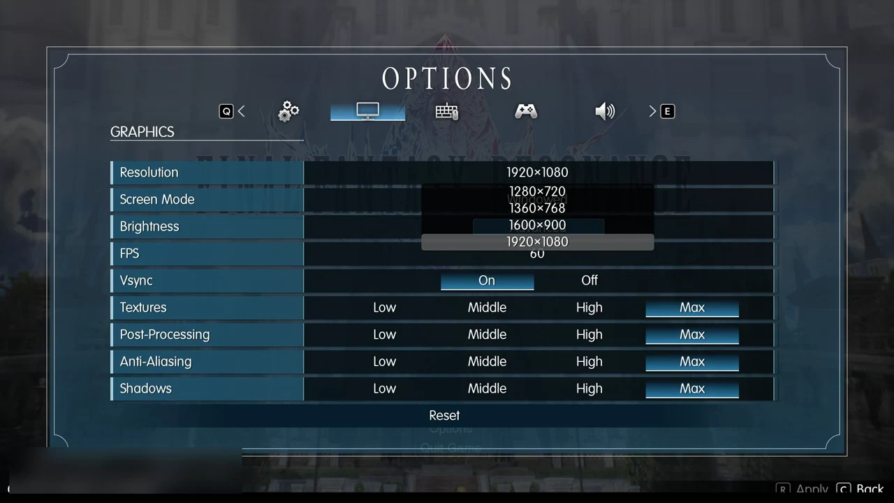 Graphics tab in Options with the Resolution dropdown open and 1920×1080 highlighted