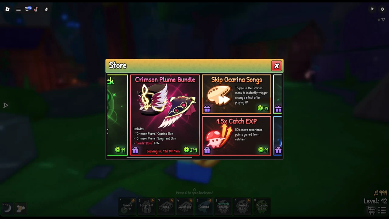 Open Store window showing the Crimson Plume Bundle and Skip Ocarina Songs offers