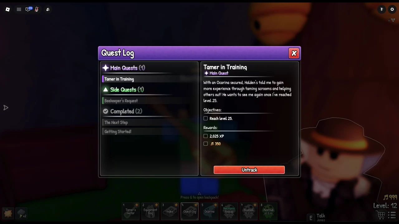 Quest Log open on Tamer in Training, showing the Reach level 25 objective and Untrack button