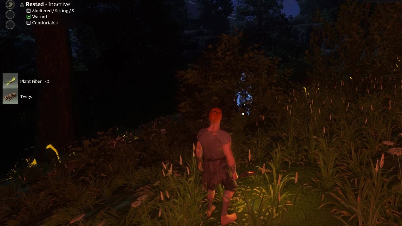 Forest at night with Plant Fiber x2 and Twigs pickup notes appearing on the HUD