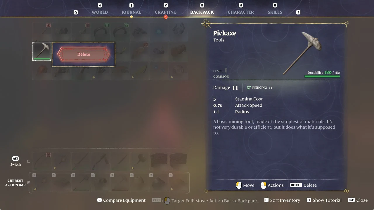 Enshrouded backpack 'Actions' menu showing 'Delete' for a Pickaxe card reading 'Durability 180 / 180'