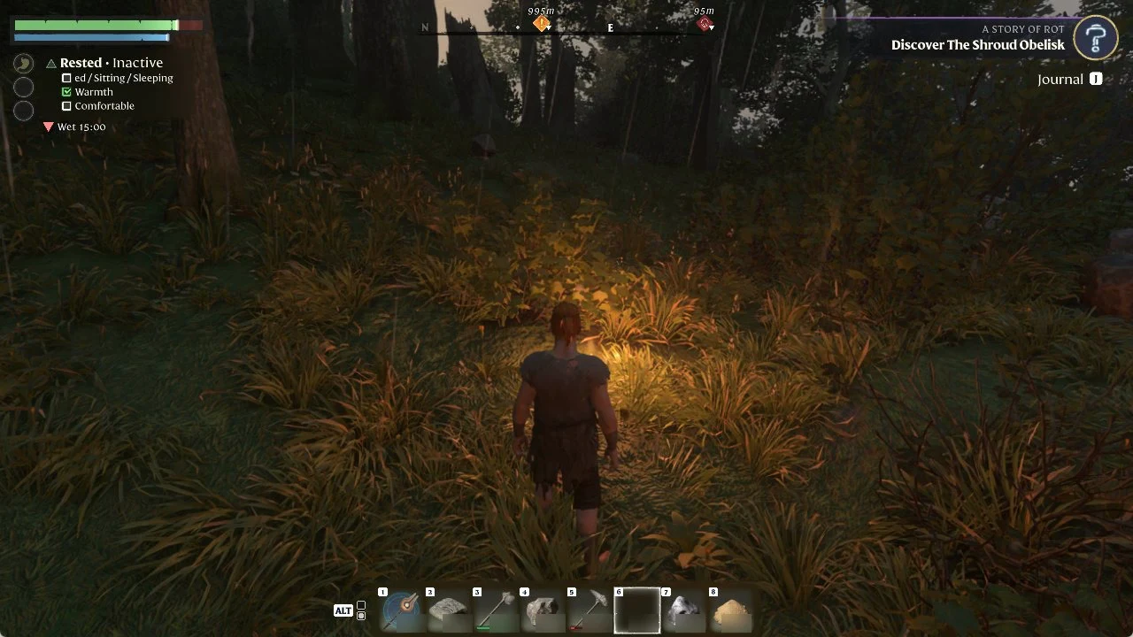 Enshrouded dropped Torch burning in the grass of a Springlands forest at dusk