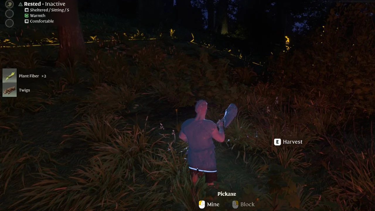 E Harvest prompt showing next to a bush while collecting Twigs and Plant Fiber