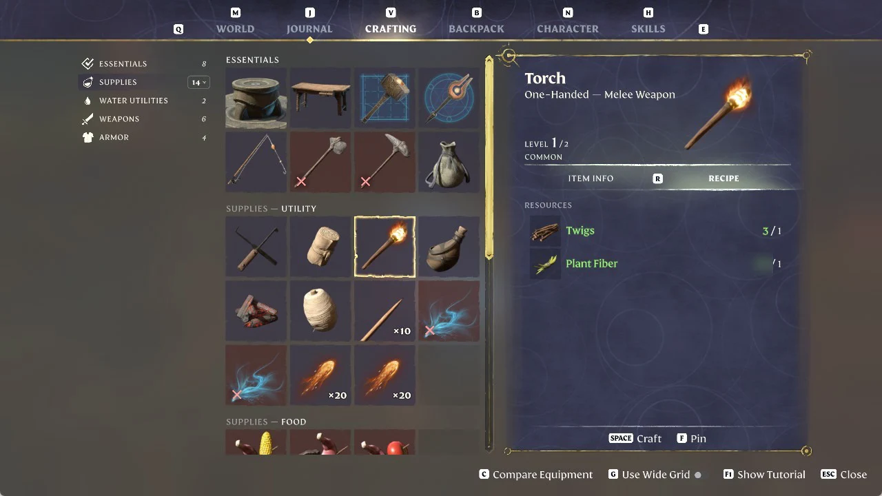 Torch selected in the Supplies Utility grid, with the Recipe tab showing Twigs and Plant Fiber