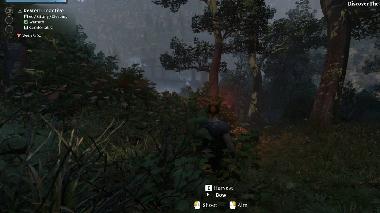 Player in a rainy forest holding the Bow, with Shoot and Aim prompts at the bottom of the screen