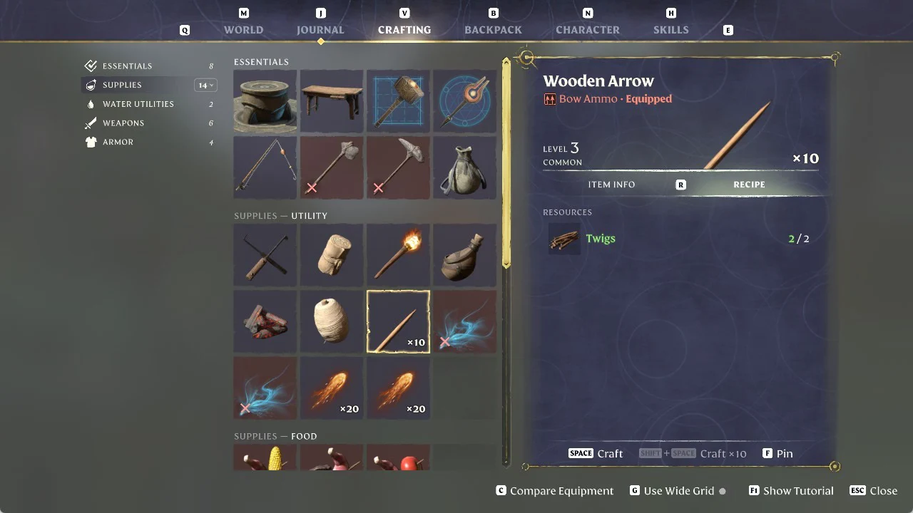 Crafting menu with Wooden Arrow selected under Supplies, Utility, recipe showing Twigs 2/2 and Craft available