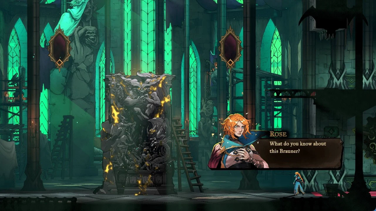 Dialogue box with Rose asking Medusa what she knows about Brauner inside the statue chamber