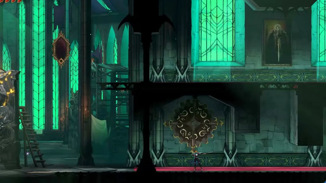 Rose standing right below the ornate circular wall gear in a green-lit castle corridor