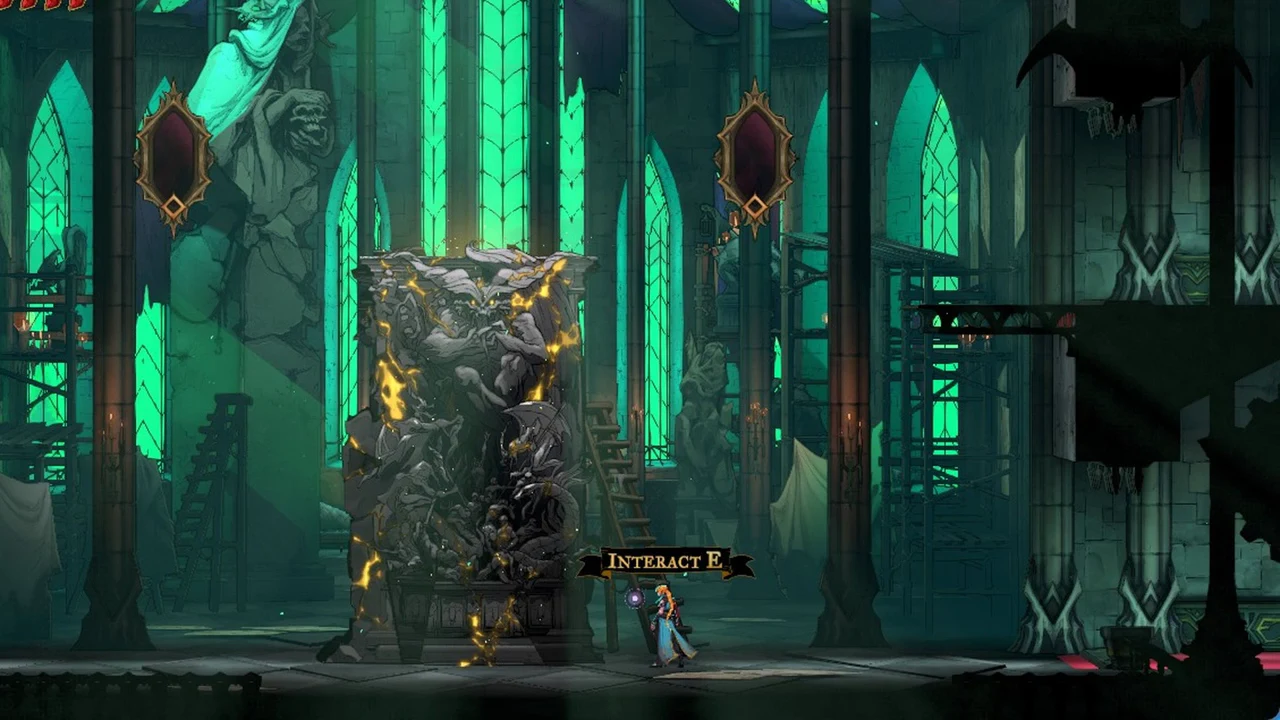 Rose beside the cracked chained statue with the Interact E prompt showing