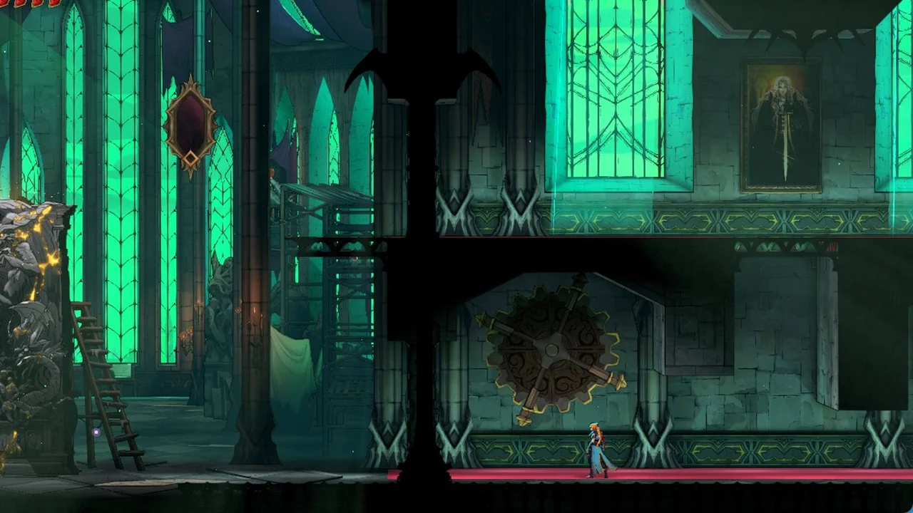 Rose walking along the gothic corridor of Brauner's Atelier beneath the large bronze wall gear