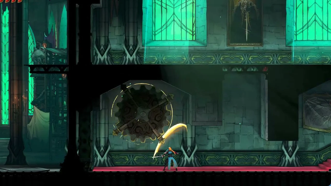 Rose swinging a glowing sword upward at the large central gear to keep it spinning