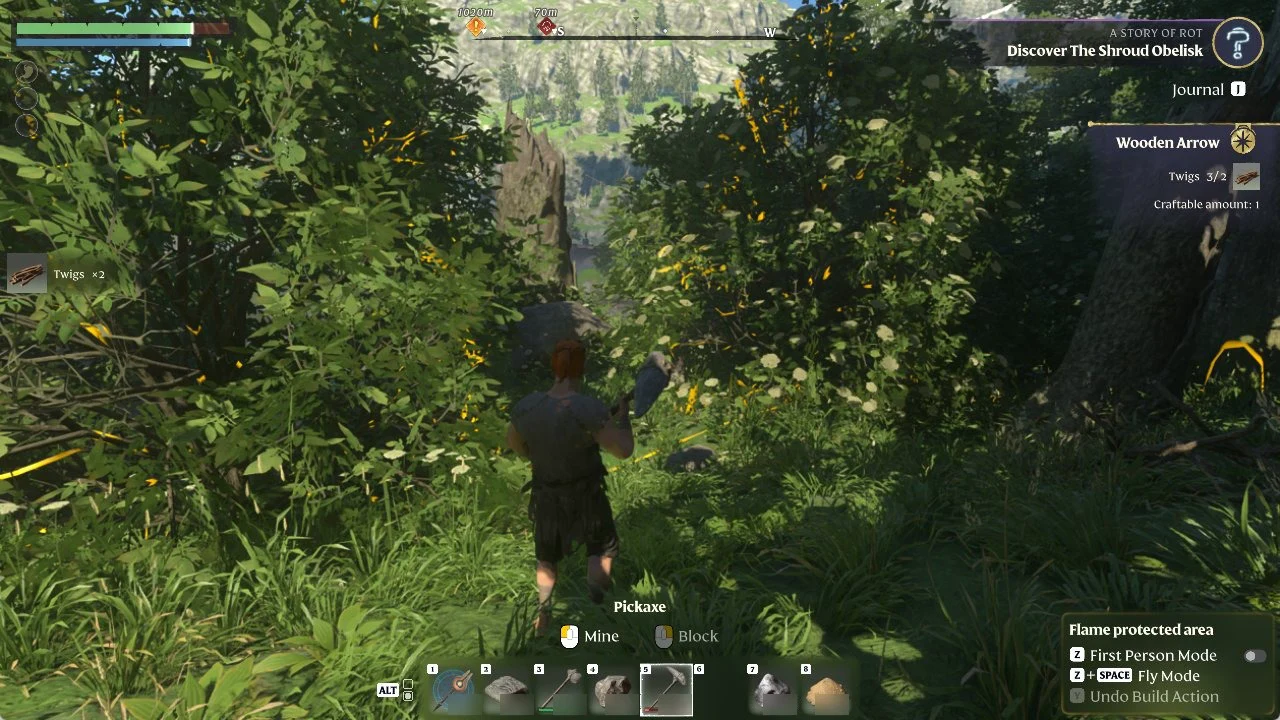 Enshrouded pickup note 'Twigs x2' with the Wooden Arrow tracker showing 'Twigs 3/2' and 'Craftable amount: 1'
