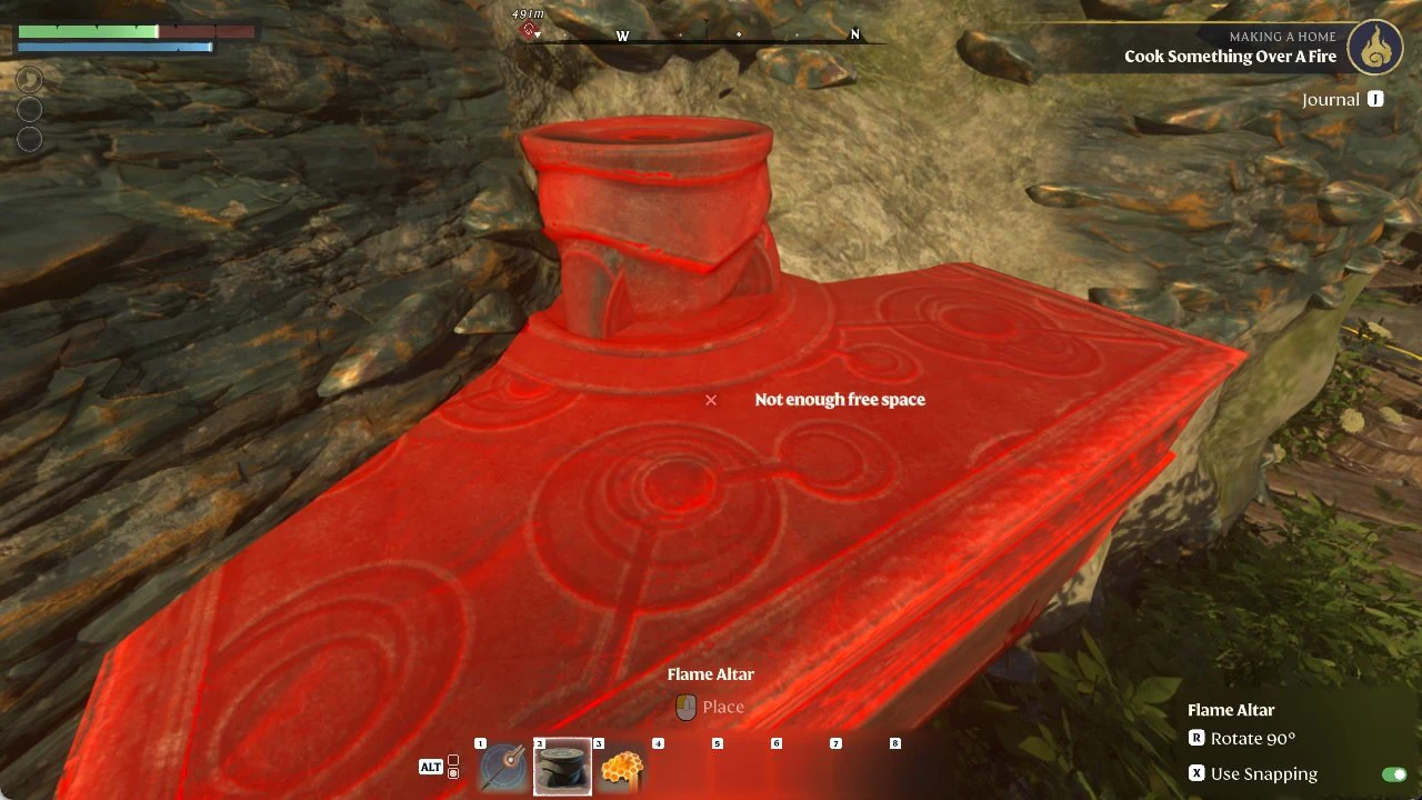 Red Flame Altar placement preview showing the Not enough free space warning