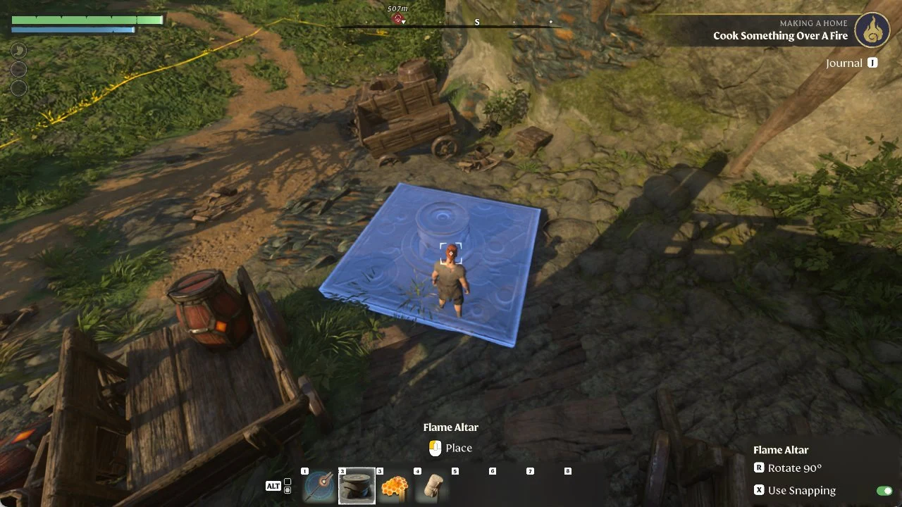 Blue Flame Altar footprint on open ground with the Place prompt available