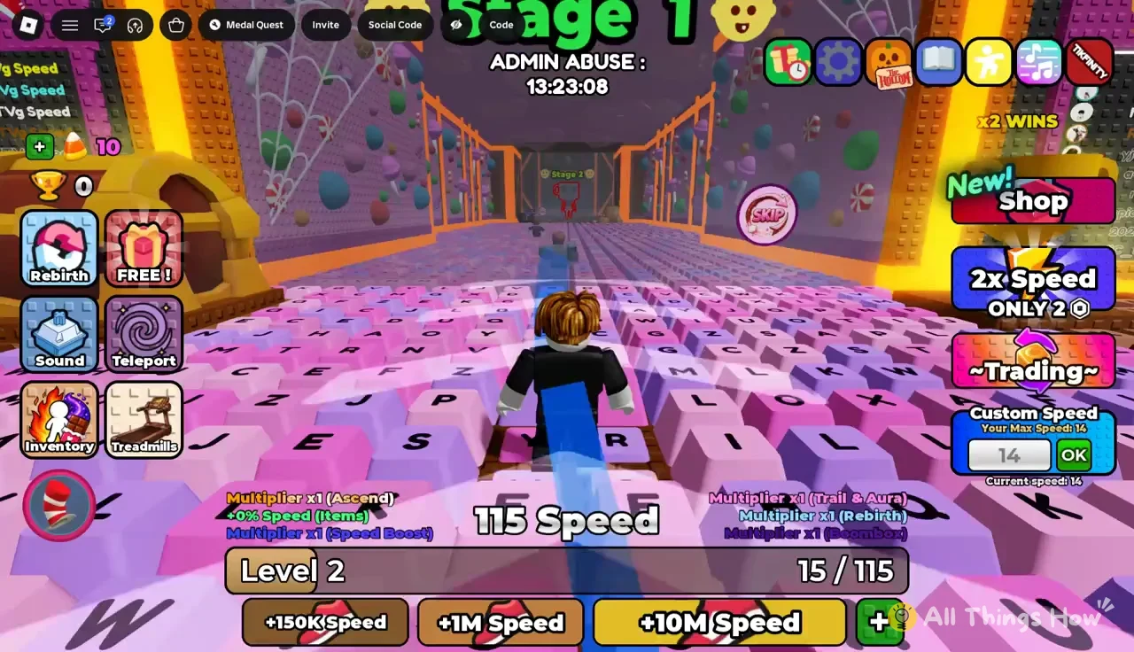 Avatar running on the keyboard course with Custom Speed at 14 and the Speed counter at 115