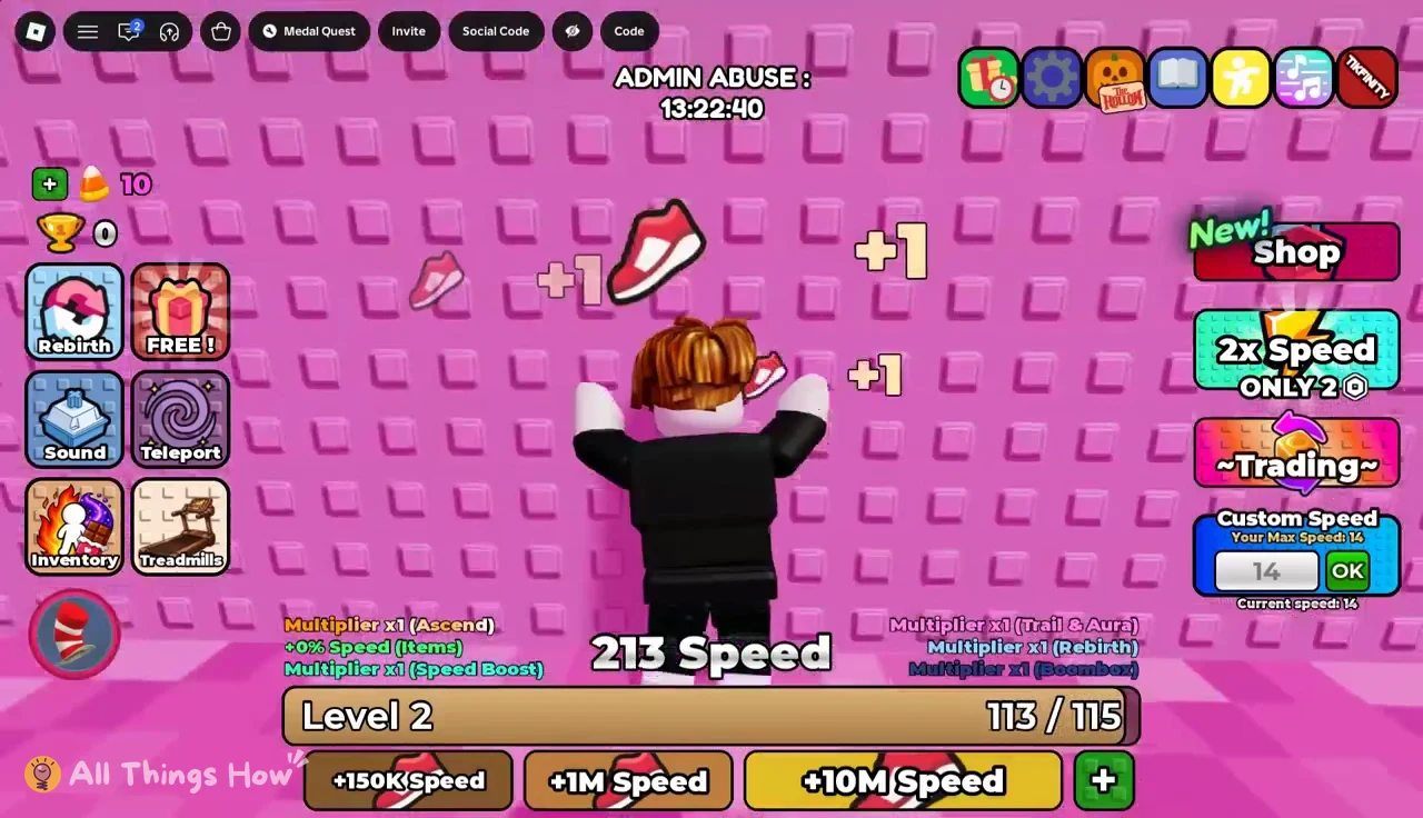 Pink keyboard course with shoe pickups and the Level 2 bar at 113/115, two short of a level-up