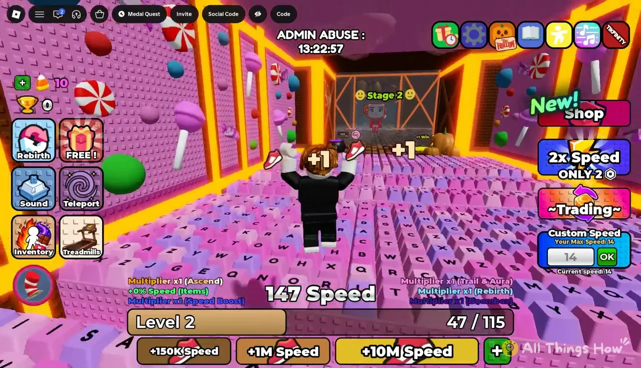 Avatar heading toward the Stage 2 gate with a +1 pickup and the level bar at 47/115