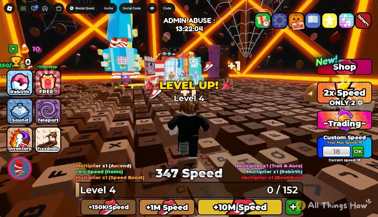 LEVEL UP! Level 4 banner over the keyboard tiles, with the +10M Speed button on the side