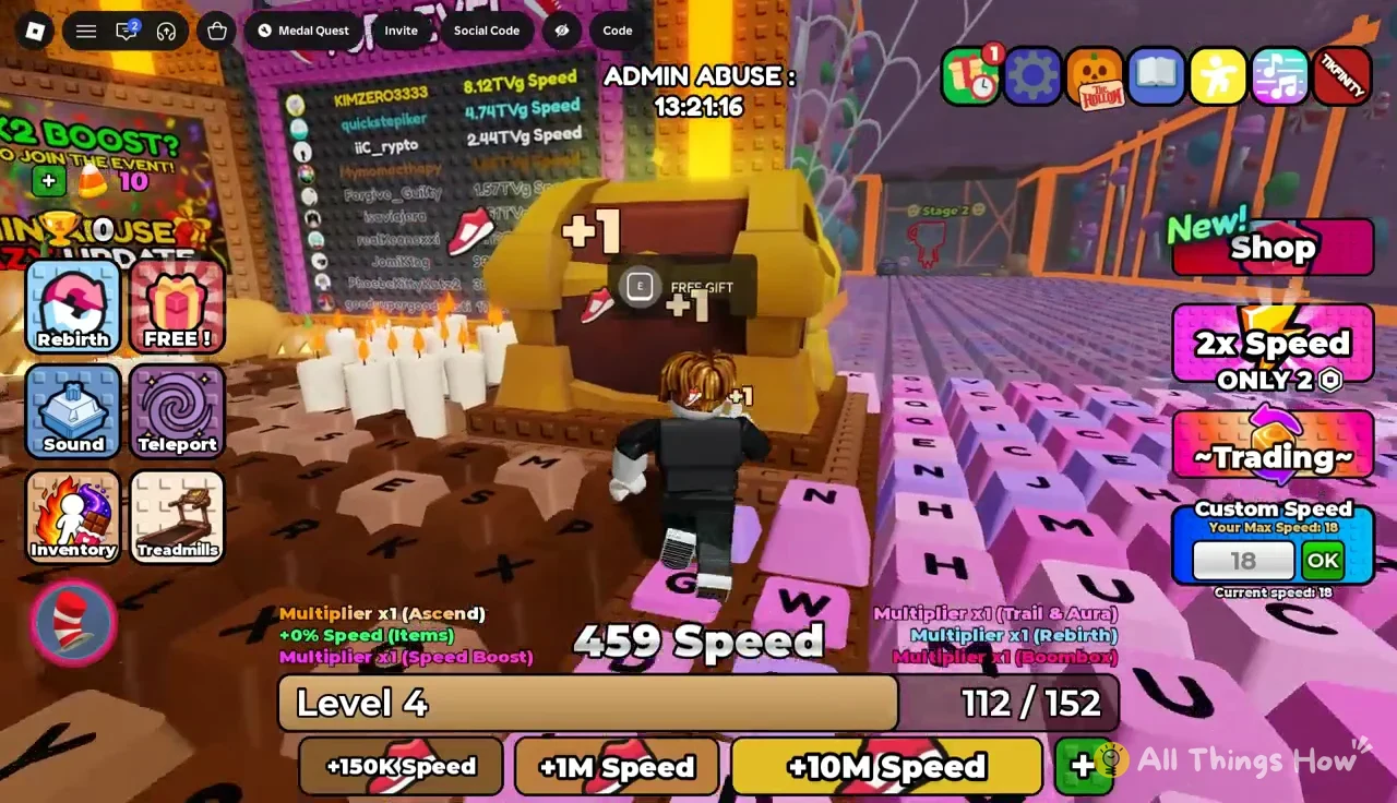 Avatar beside the gold chest with the E Free Gift interaction prompt showing