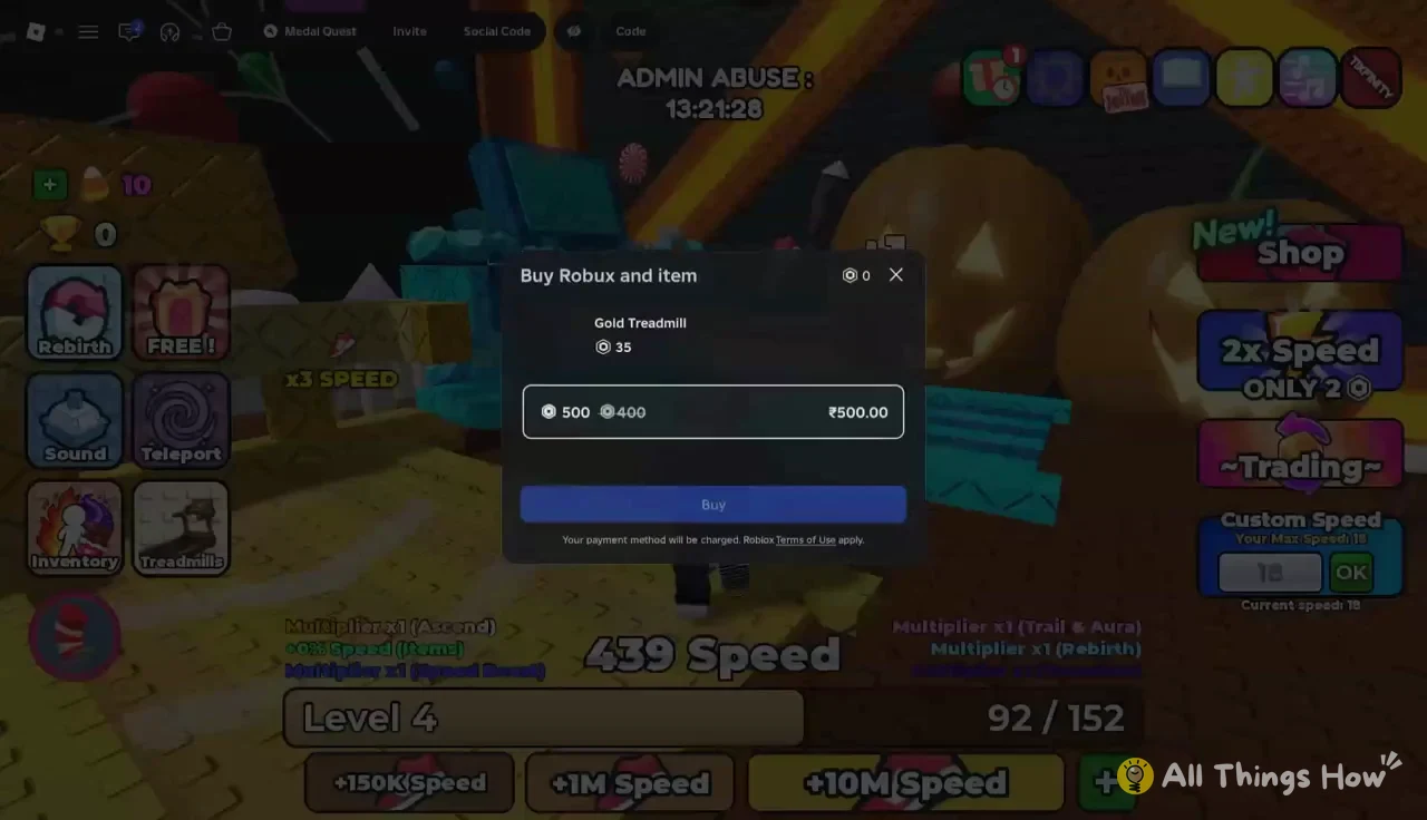 Buy Robux and item dialog for the Gold Treadmill showing a 500 Robux option