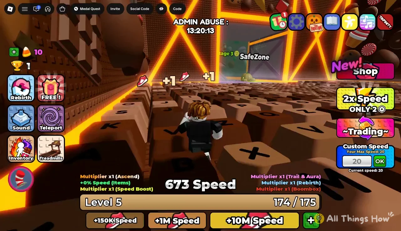 Avatar running over letter tiles toward a SafeZone with the Level 5 bar at 174/175