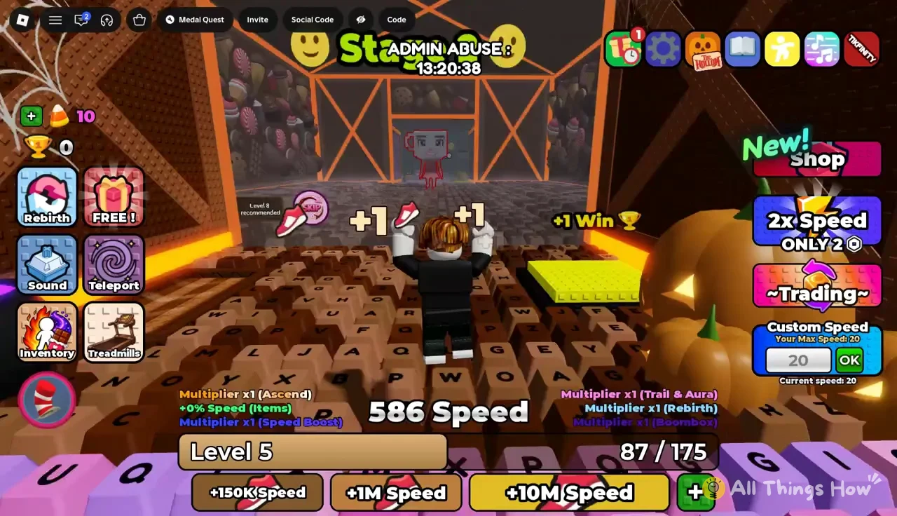 Custom Speed panel with the field set to 20 while the avatar runs
