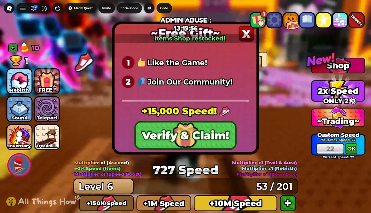 Free Gift popup listing both tasks with the Verify & Claim! button for +15,000 Speed