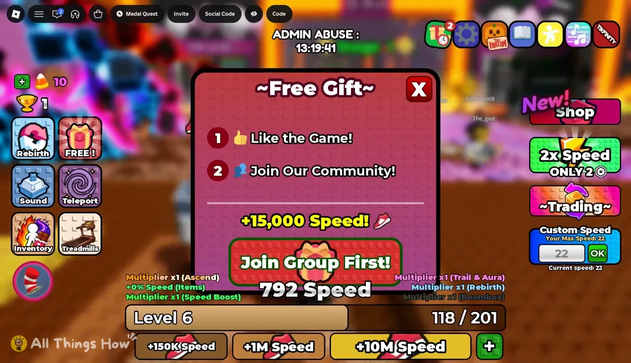 Free Gift window with the Join Group First! button selected for the +15,000 Speed reward