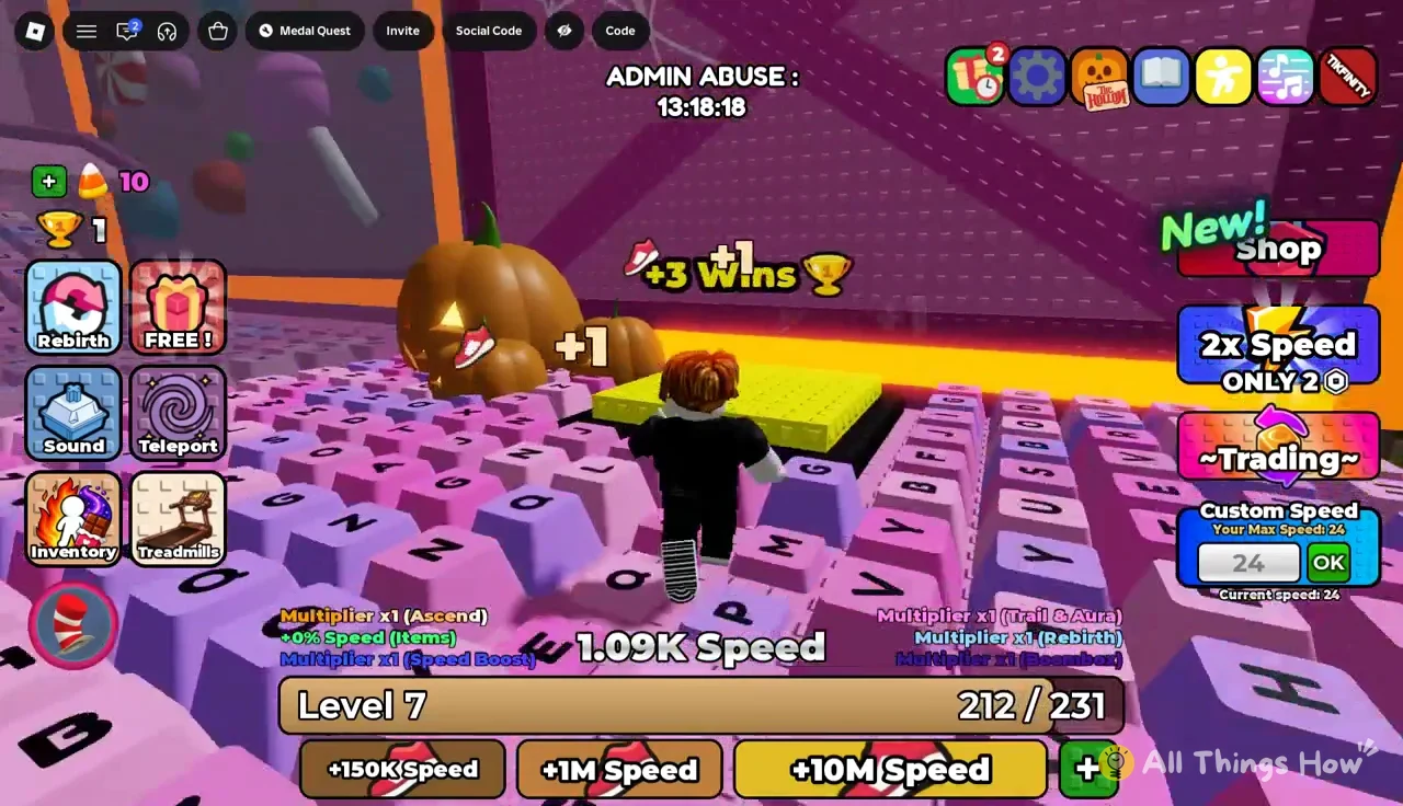Level 7 avatar crossing keyboard tiles toward a yellow win pad as speed and Win rewards pop up
