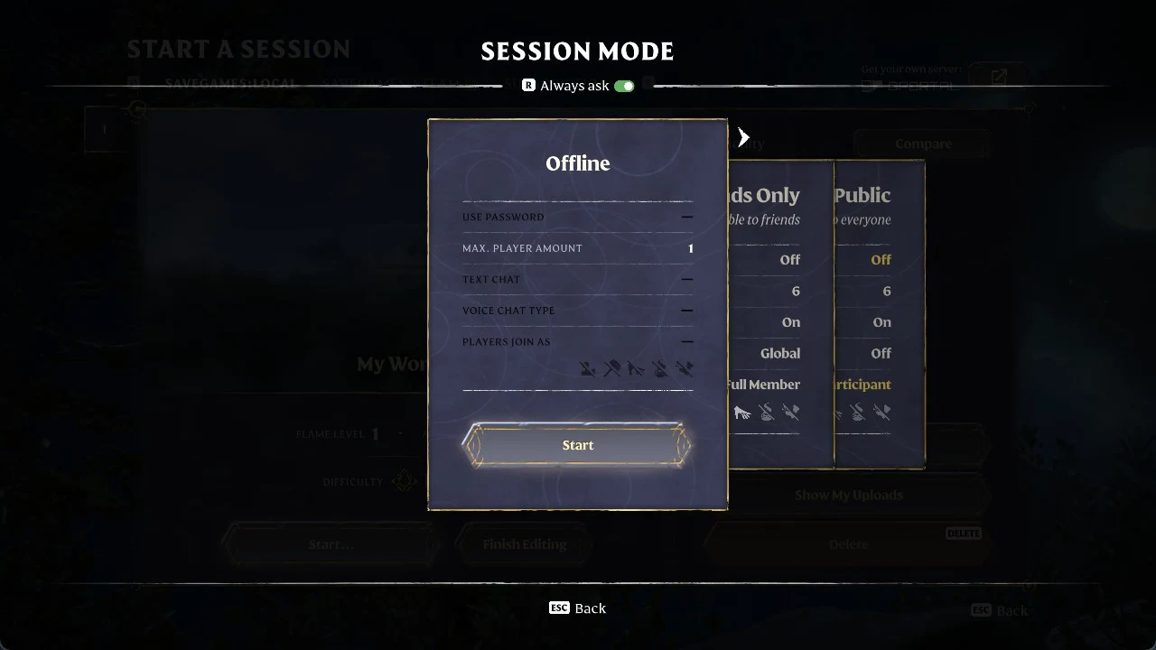 Session Mode screen with the Offline card selected and its Start button highlighted