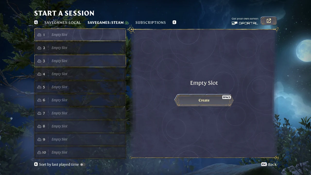Savegames: Steam tab with Empty Slot 1 highlighted and a Create button ready