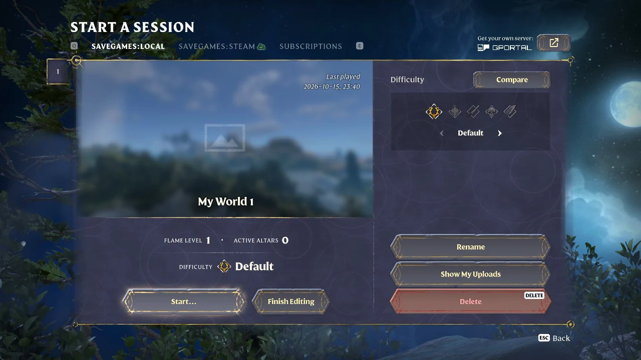 My World 1 Edit screen with Rename, Show My Uploads and the Delete button highlighted