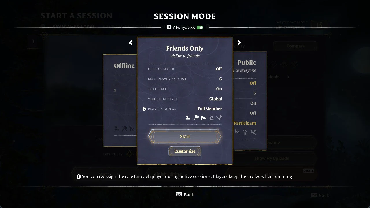Session Mode screen with the Friends Only card selected showing player count, chat and role settings