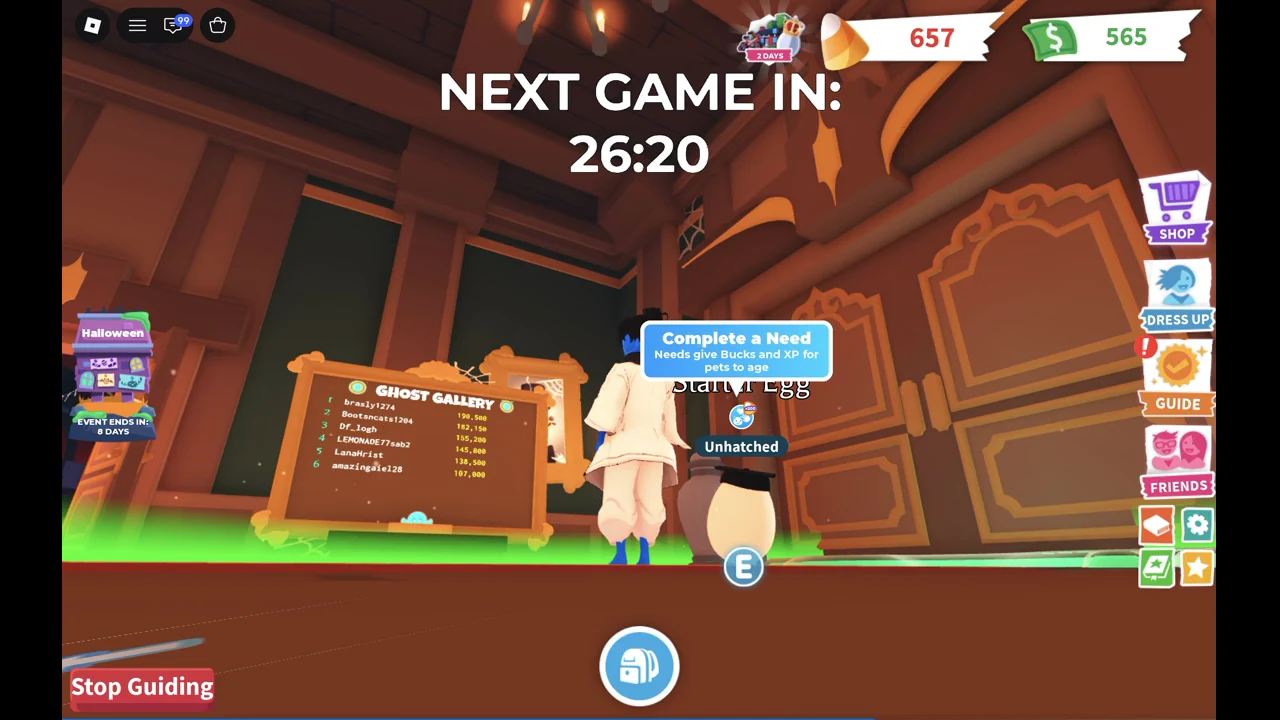 The Ghost Gallery leaderboard board in the Manor hall in Adopt Me after a round, with 657 Candy Corn in the top bar