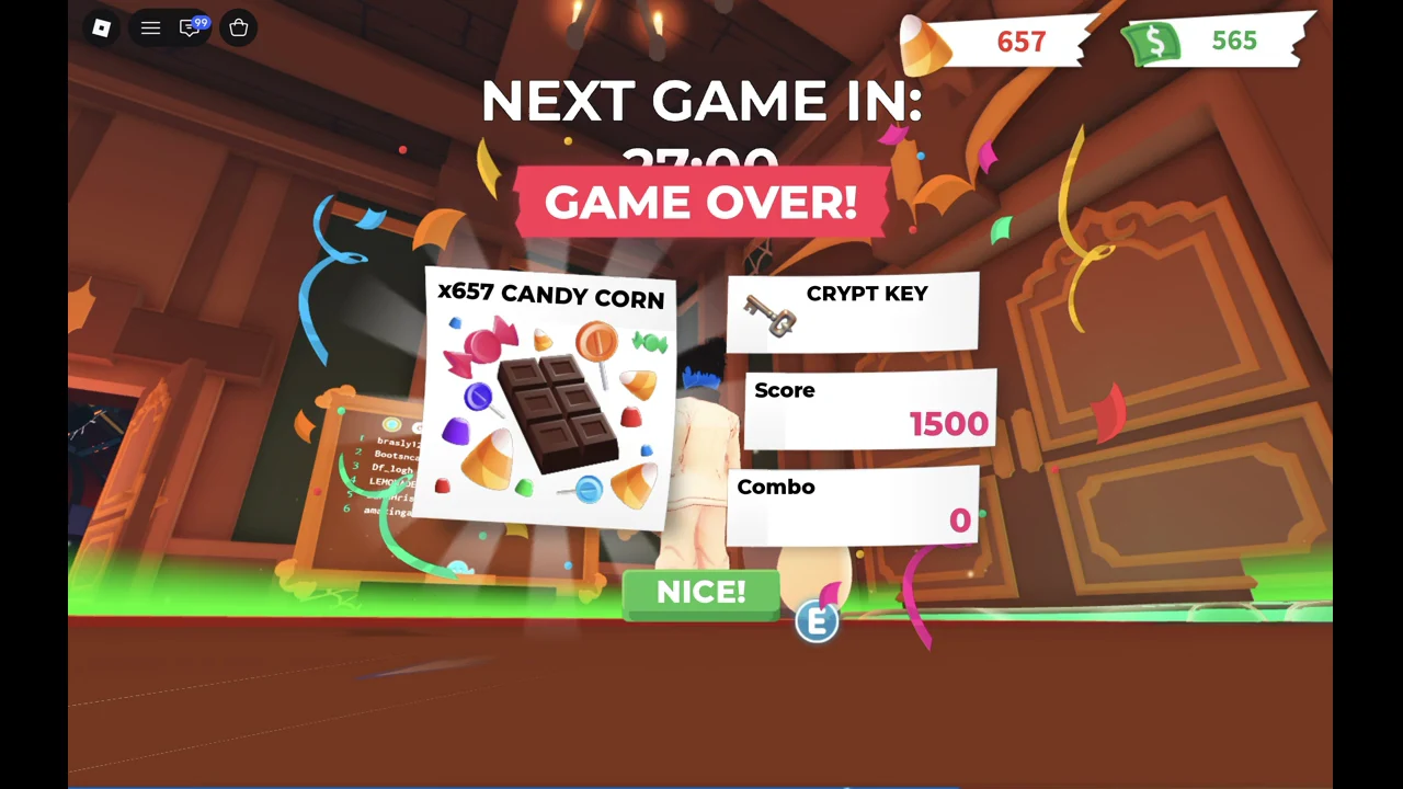 GAME OVER screen listing 657 Candy Corn and a Crypt Key for a score of 1500, with a NICE! button
