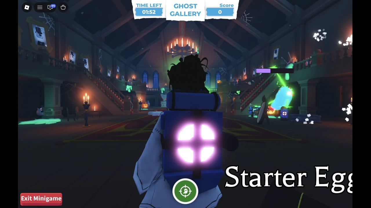 Holding fire on a ghost in Ghost Gallery, with the beam reaching the ghost and the purple charge bar above the character