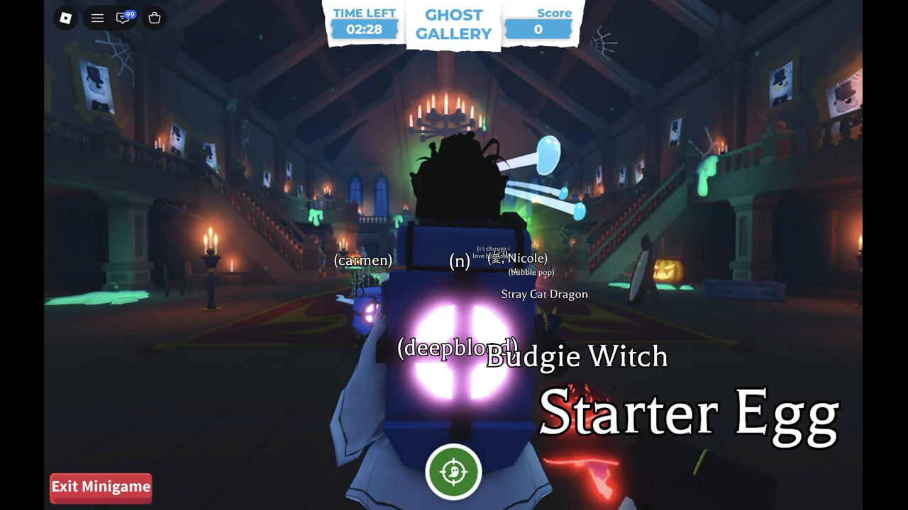 Start of a Ghost Gallery round in Adopt Me: TIME LEFT 02:28, Score 0 and the ghost blaster tank on the character's back