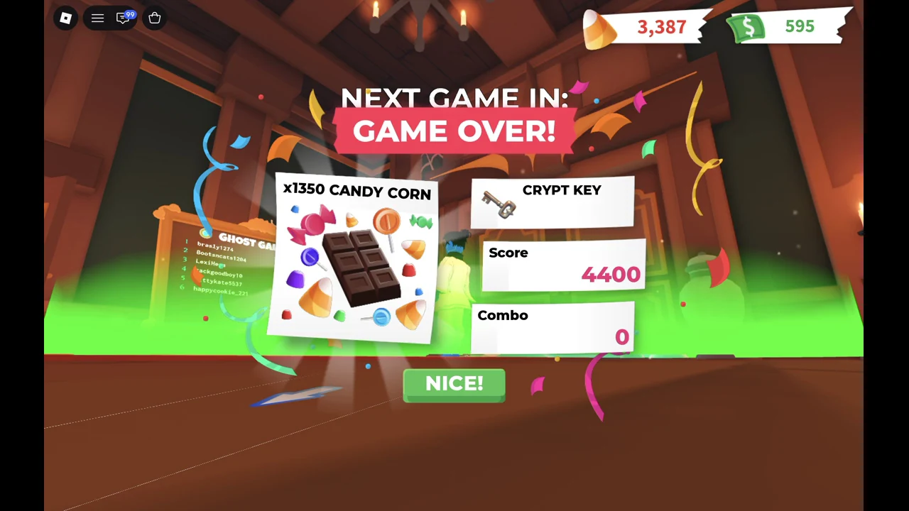 GAME OVER results showing a 4,400 score, 1,350 Candy Corn, a Crypt Key and the NICE! button