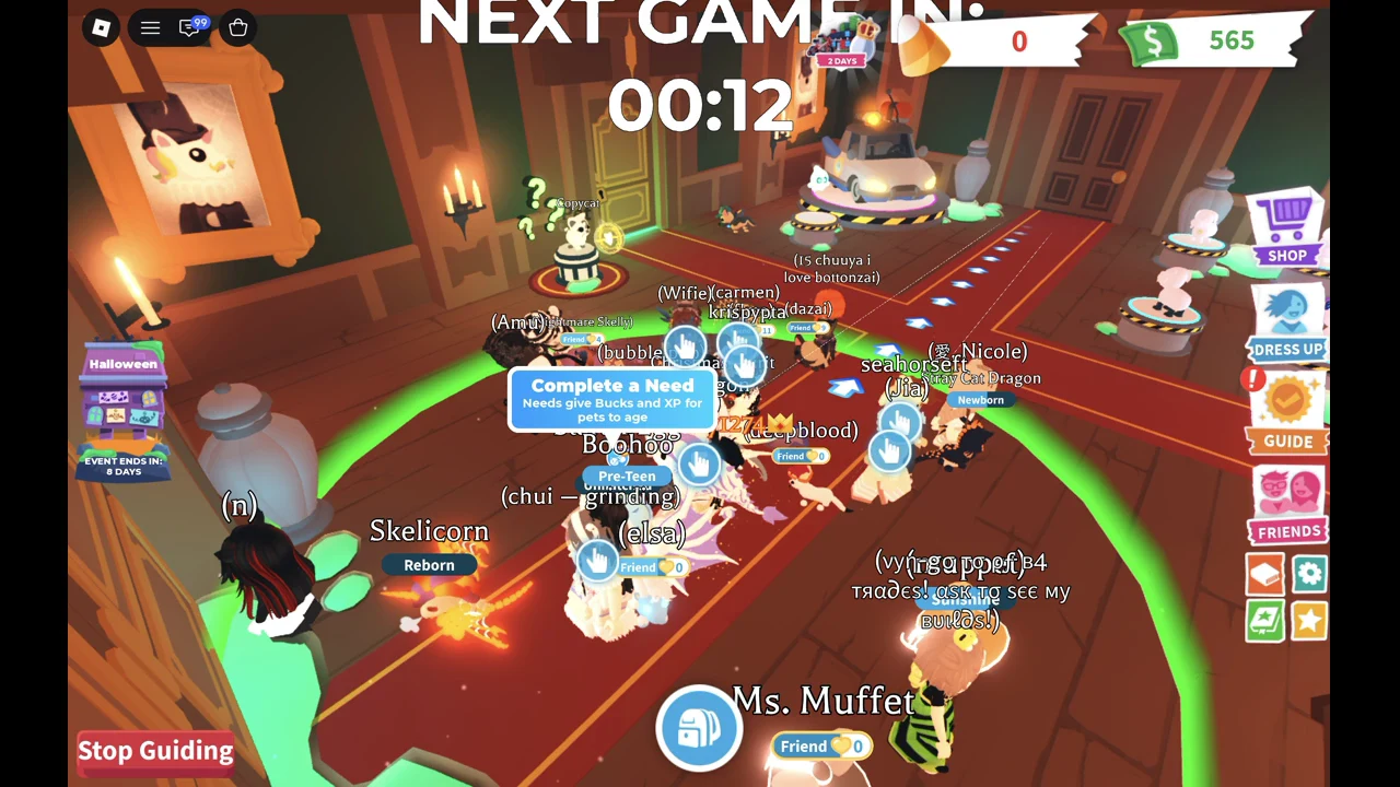 Players waiting in the Ghost Gallery queue circle in the Manor hall in Adopt Me, with NEXT GAME IN 00:12 above
