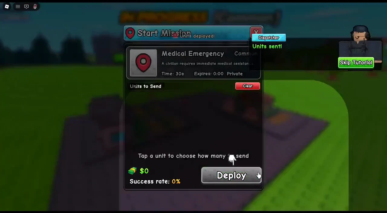 Start Mission panel showing the Medical Emergency dispatch with a Units sent confirmation