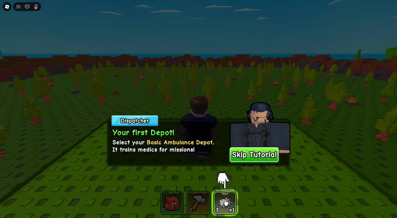 Tutorial prompt highlighting the Basic Ambulance Depot in the hotbar to place your first depot