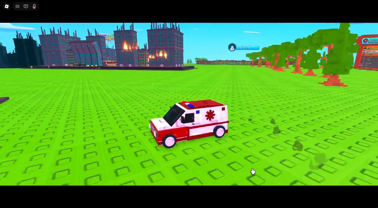 Red and white ambulance driving across the green field toward a burning city
