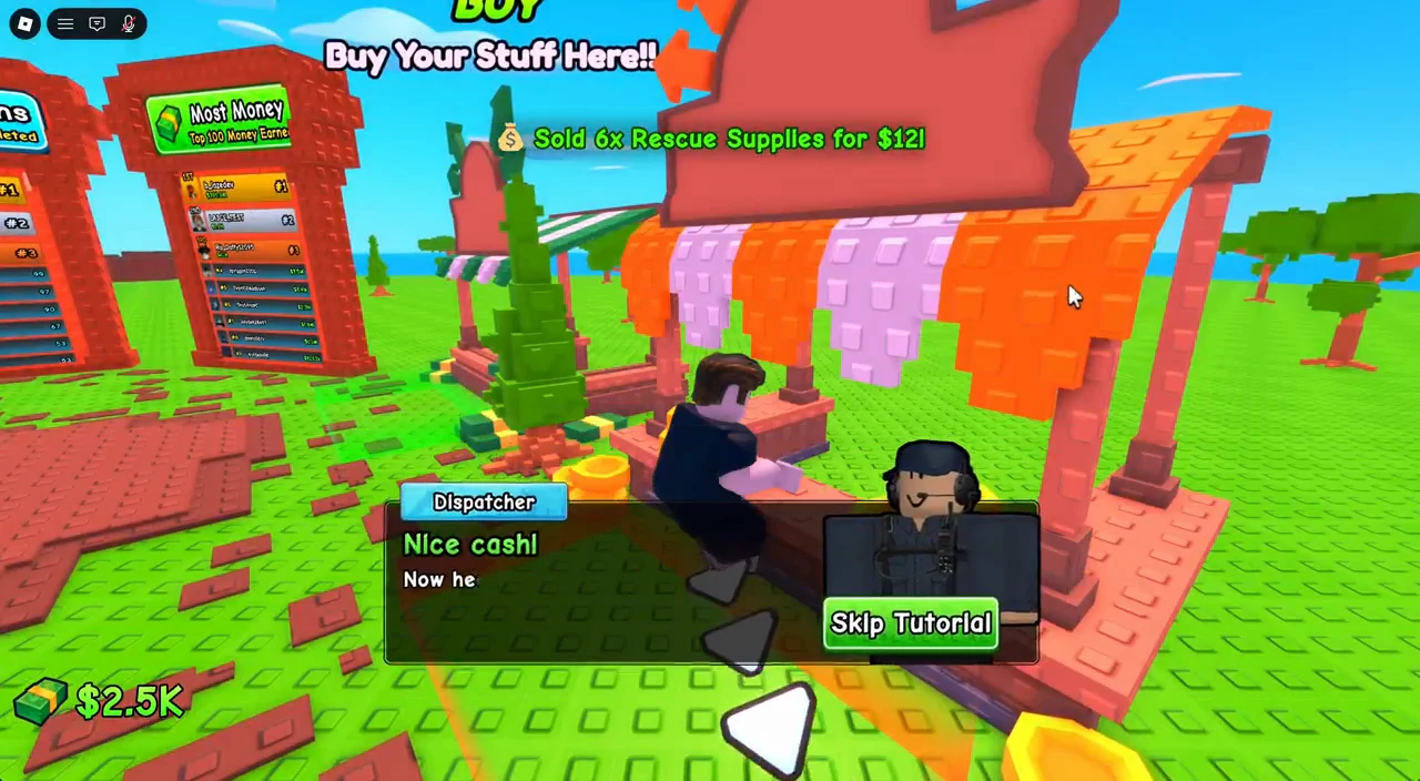 Tutorial dialogue reading Nice cash after selling six Rescue Supplies for twelve dollars