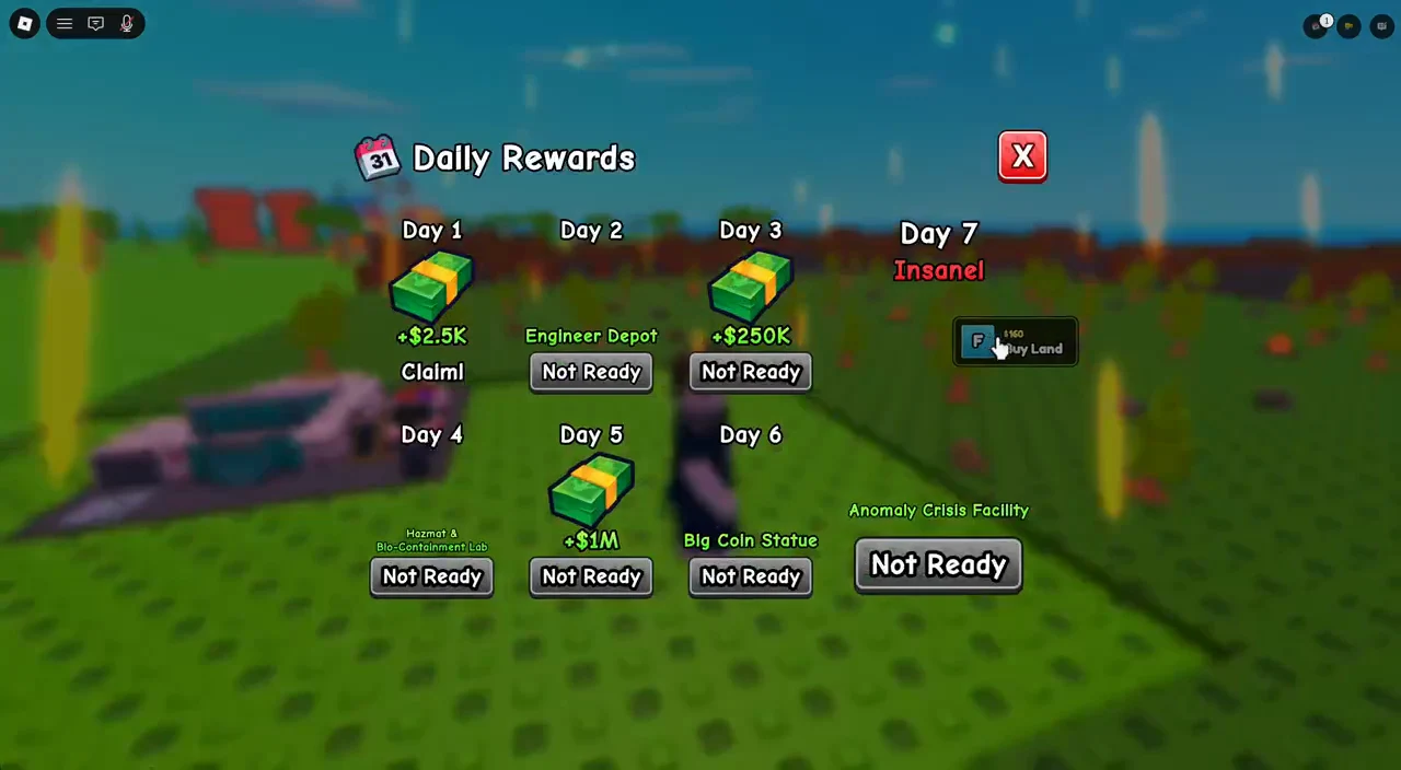 Buy Land prompt showing the F key and a cash cost as the player approaches an unowned plot