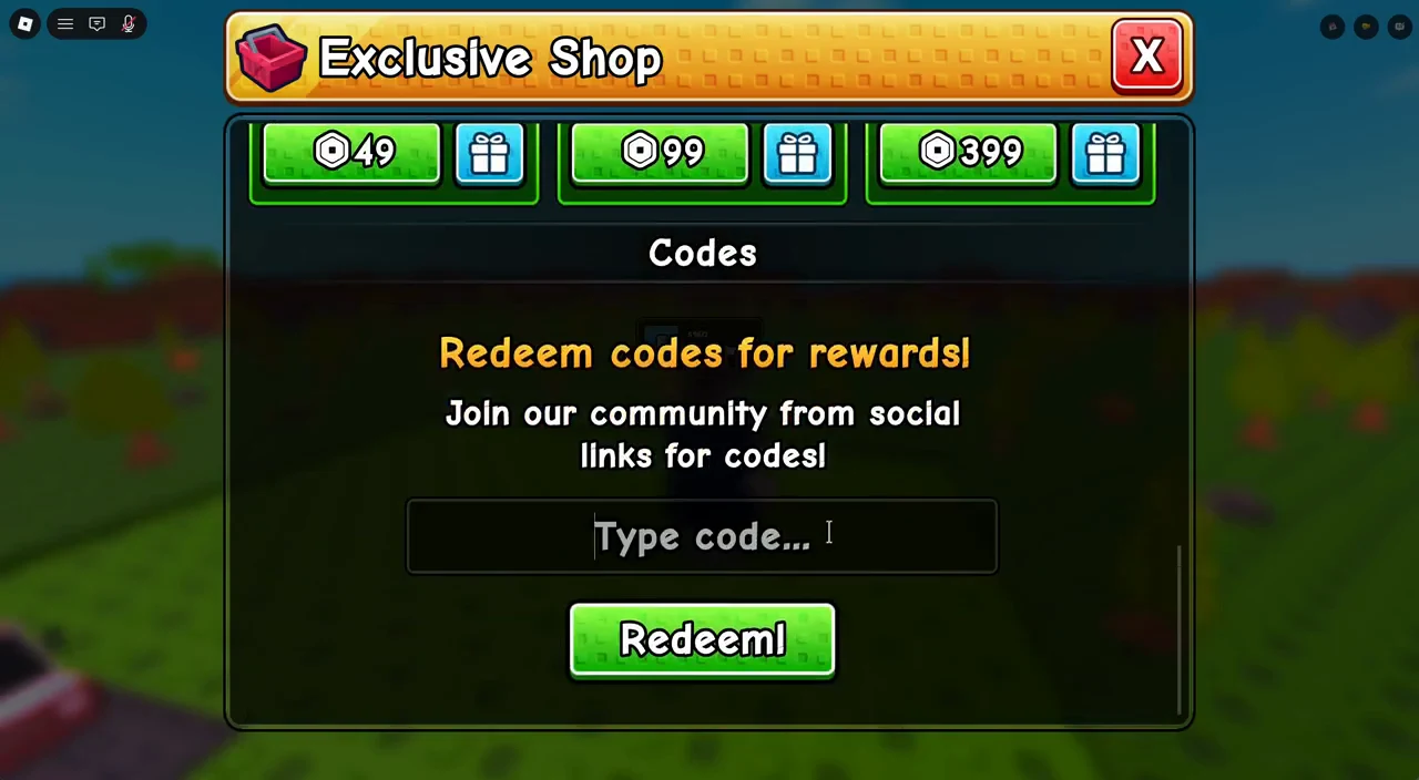 Exclusive Shop Codes screen with the Type code field focused for entering a reward code