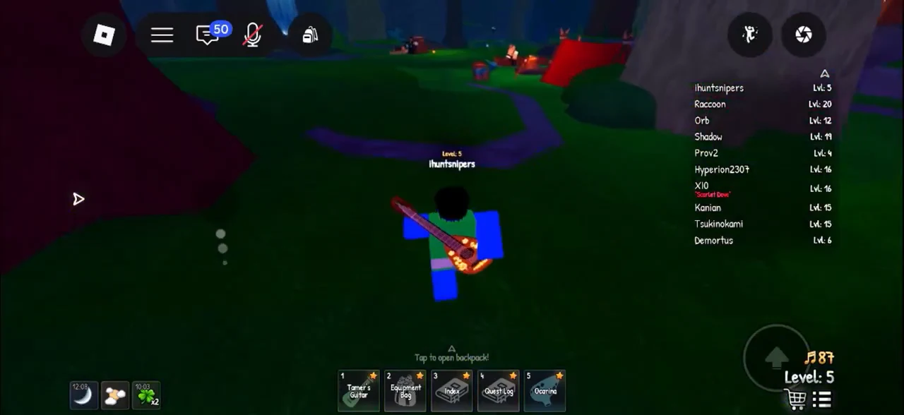 Avatar moving through the world with the Tamer's Guitar from hotbar slot one