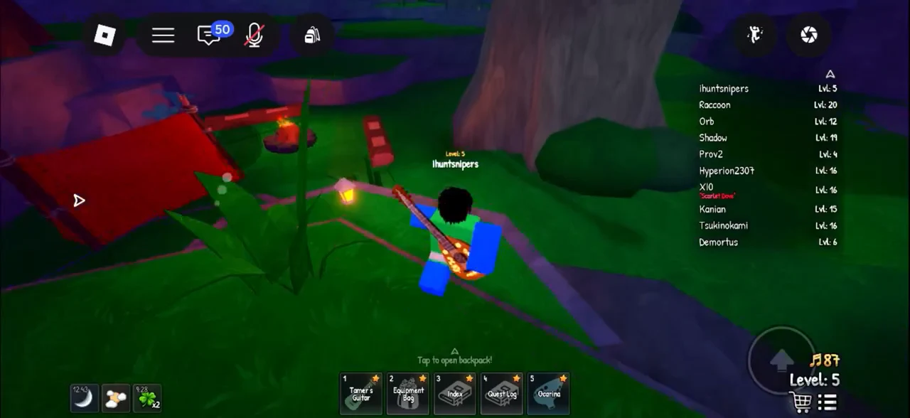 Avatar carrying the Tamer's Guitar from hotbar slot one while moving through the world