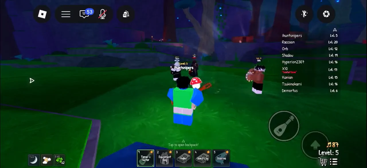 Tamer's Guitar selected in hotbar slot one as the player approaches nearby scrooms